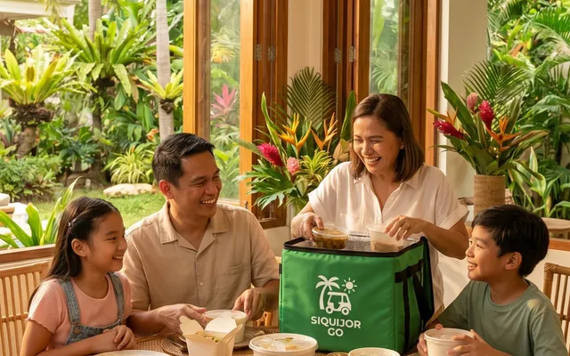 A family receiving a Siquijor Go food delivery at their dining table