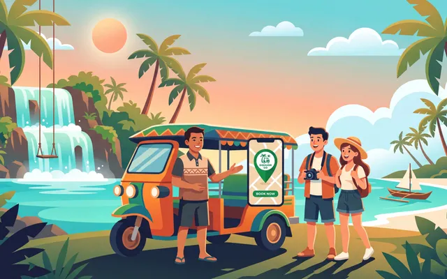 A tricycle driver welcoming tourists near a waterfall, with the Siquijor Go booking screen