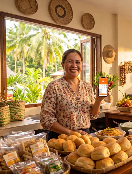 A local merchant holding the Siquijor Go app at her store counter