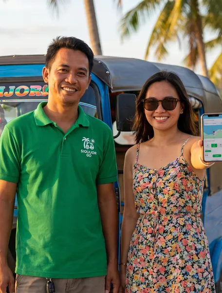 A Siquijor Go driver and a passenger with the app open, in front of a tricycle