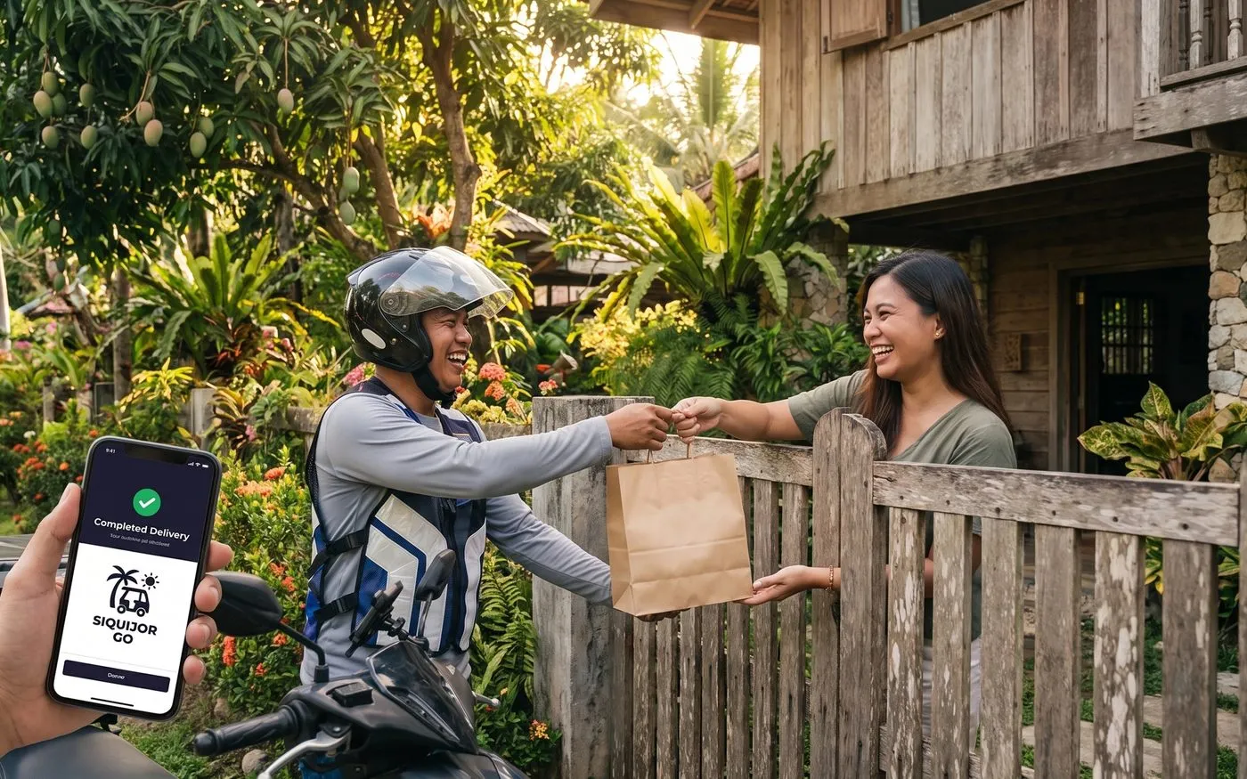 A Siquijor Go delivery driver handing a food order over a fence to a smiling customer, with the completed-delivery screen shown on a phone