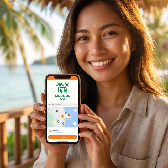 Woman holding a phone with the Siquijor Go app open