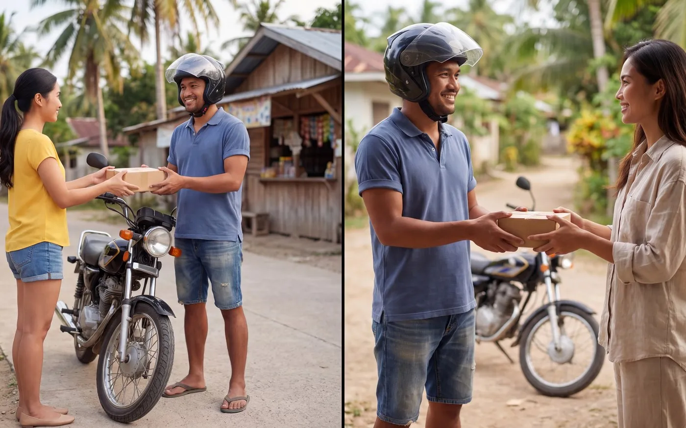 Split image: a sender handing a sealed parcel to a Siquijor Go driver on his motorbike, and the same driver handing it on to the recipient at their home