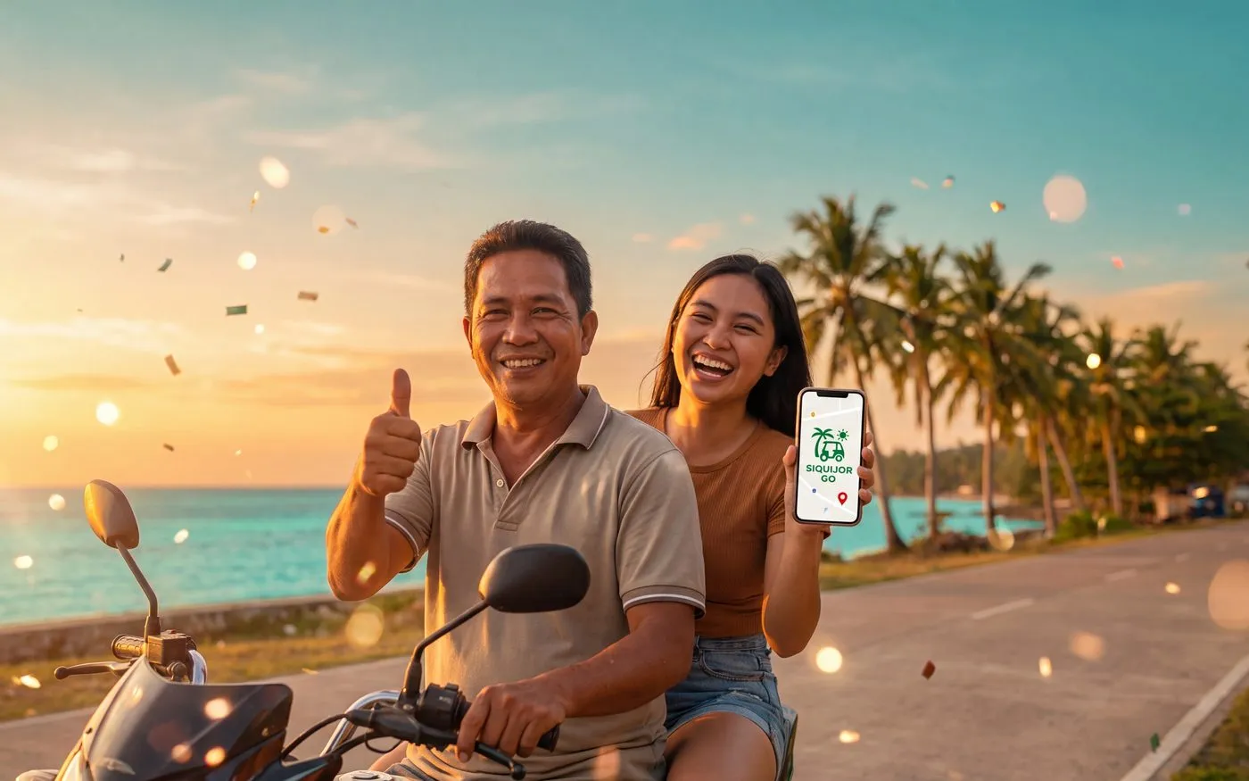 A passenger and habal-habal driver smiling and giving a thumbs up on a coastal road in Siquijor, holding up a phone with the Siquijor Go app open