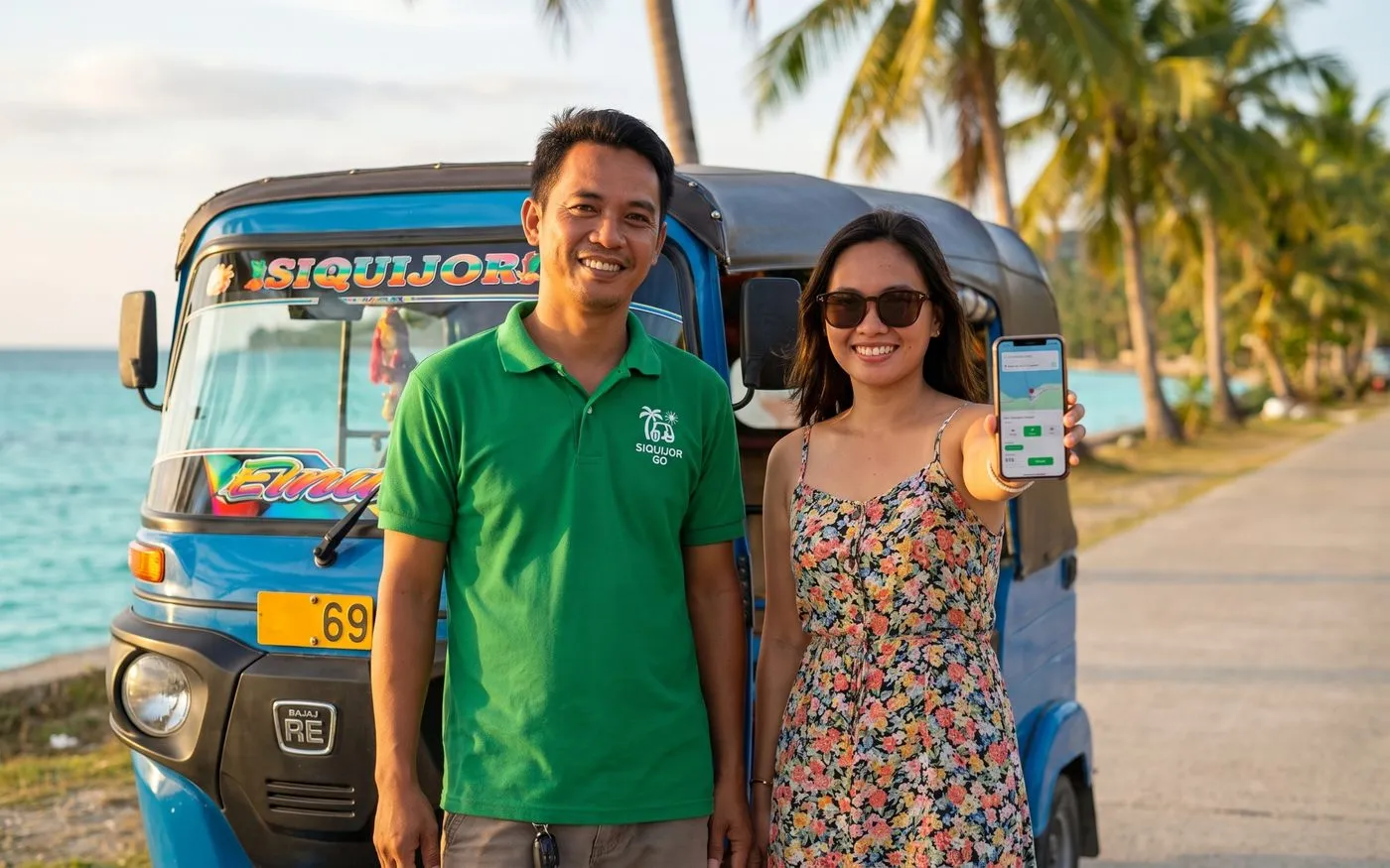 A local Siquijor Go tour guide in a branded green shirt standing with a tourist beside a colorful tricycle, showing a tour booking on her phone