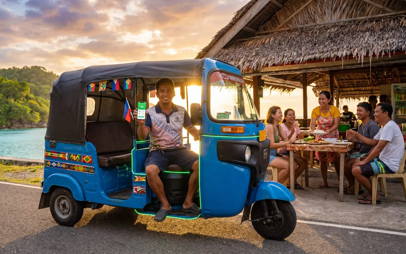 A tricycle driver showing the Siquijor Go app on his phone beside the coast at sunset, with a group of friends enjoying a meal at a beachside restaurant